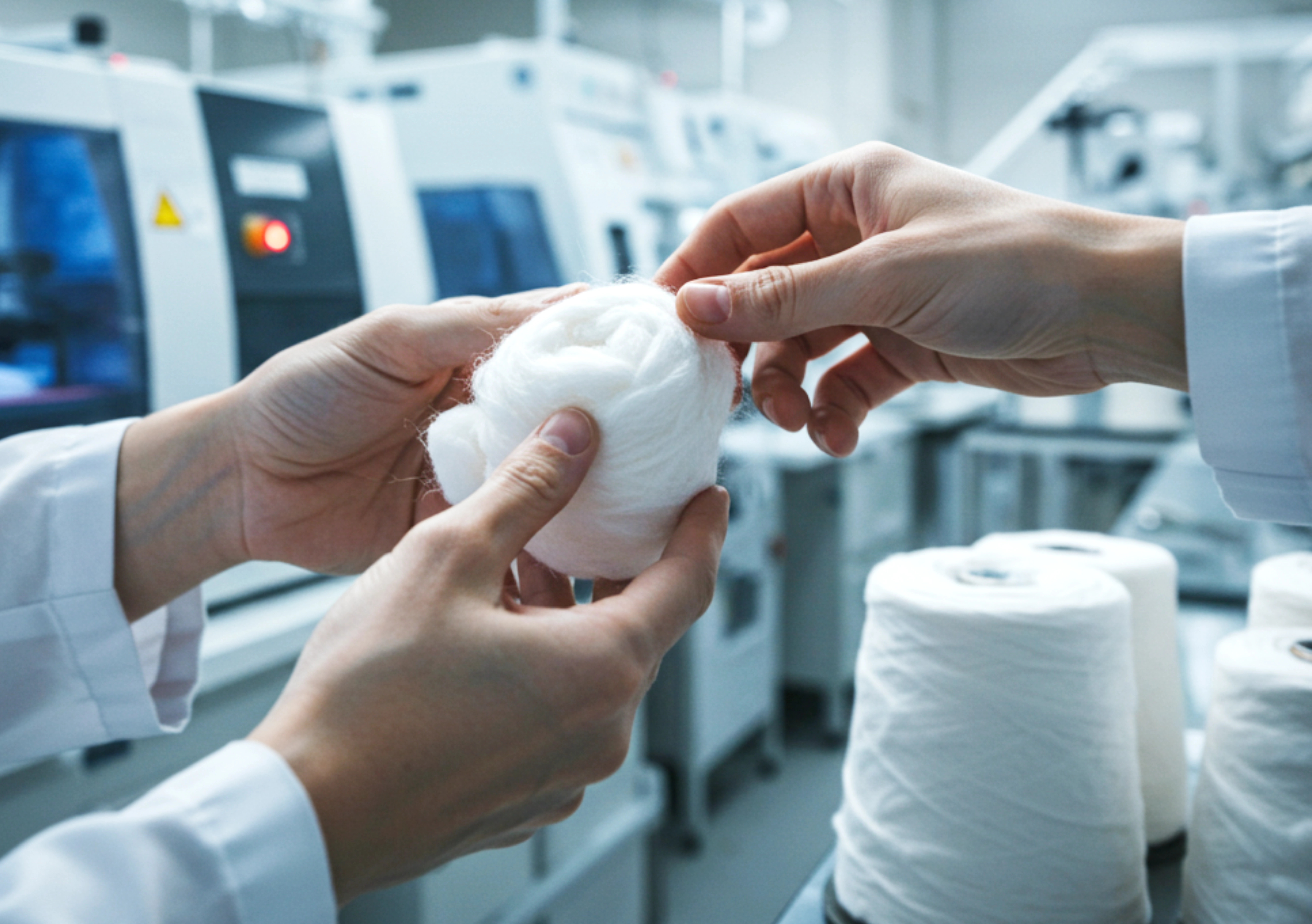 Hands examining white fiber